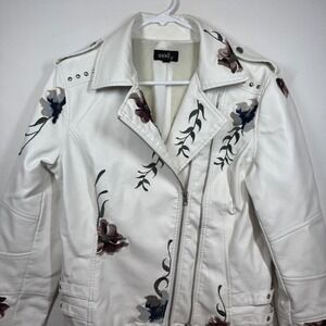 Modx White Faux Leather Embroidered Moto Jacket Studs Womens Size M‎